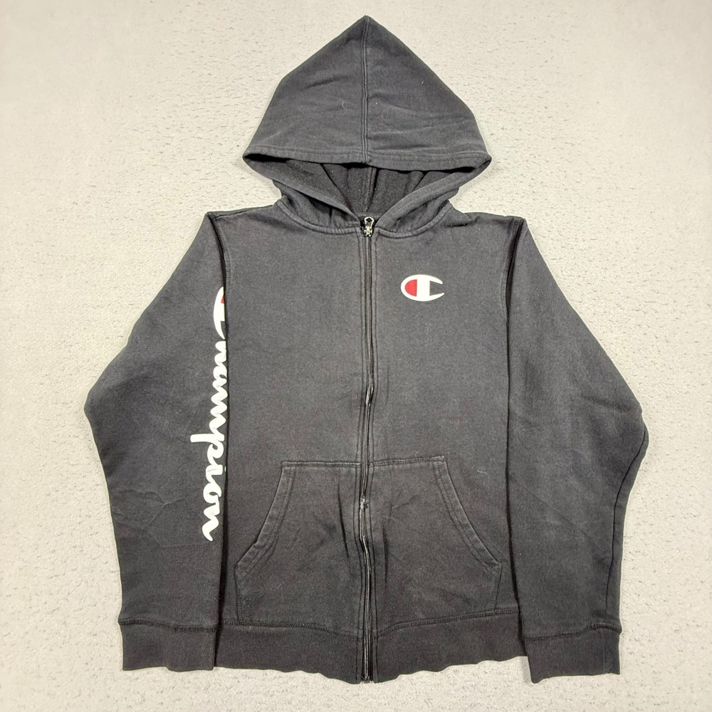 Champion Boys XL Black Full Zip Hoodie Script Sleeve Logo Sweatshirt